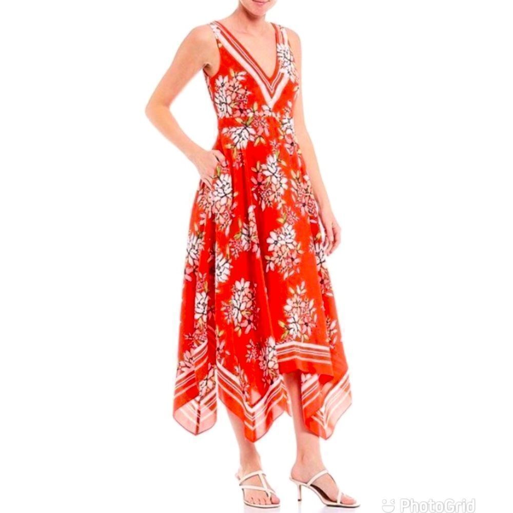 VINCE CAMUTO Floral Print Midi Dress‎ Sleeveless Handkerchief Hem Red Size 2 New